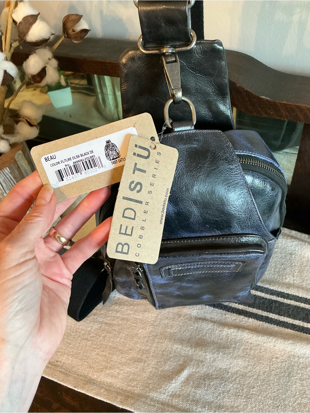 Nwt Bed Stu Leather Beau Backpack Sling Bag Future Dusk Blue Black De Msrp $260 — image 5 of 8